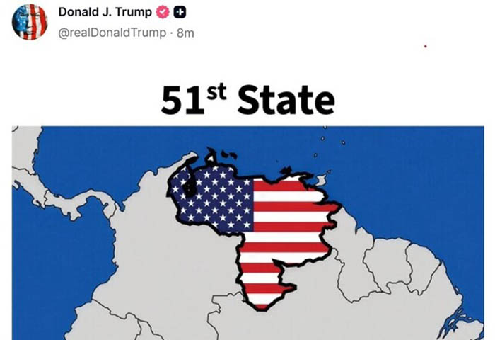 Trump publica mapa con Venezuela pintada con bandera de EEUU y estado 51